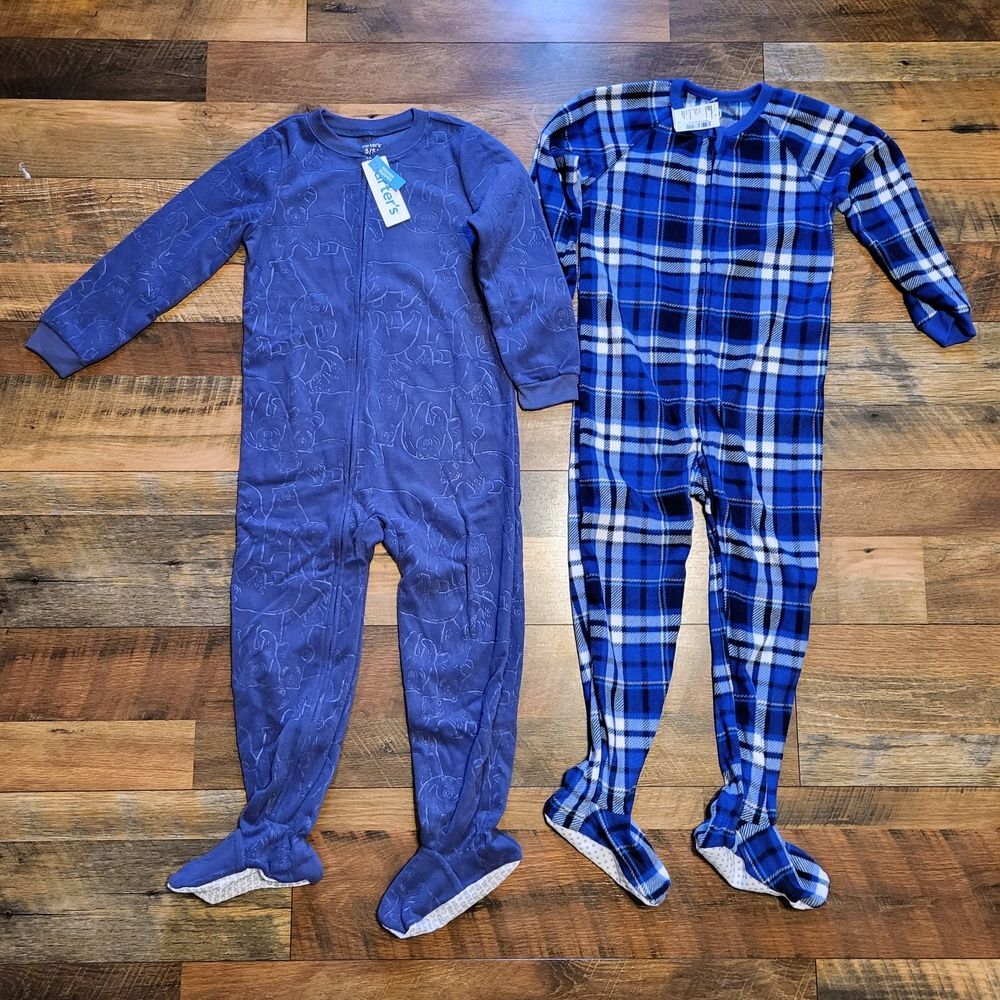 Lot of 2 Boys 5T Fleece Footie Pajamas PJ Place Blue and Plaid Kids Carter's